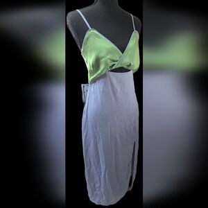 Elegant Green and Blue Dress With Adjustable Strap, Slit, Double Lined,&Openback